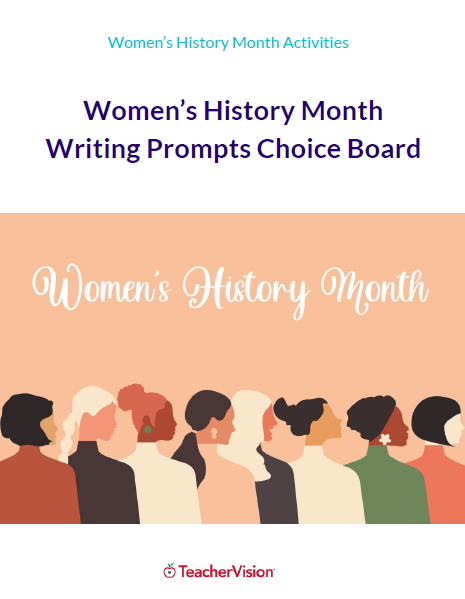 Choice board of Women's History Month writing prompts